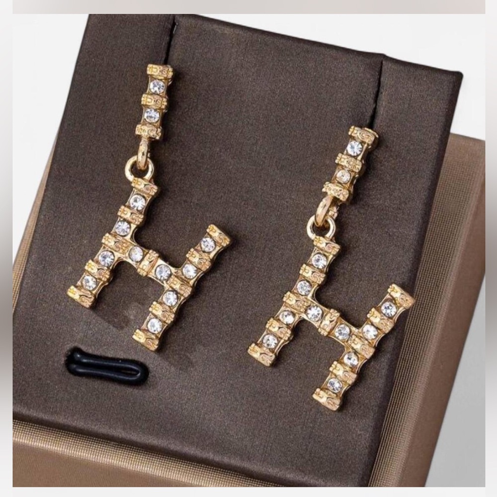Fashion Jewelry Gold 'H' Drop Earrings with Clear Crystals